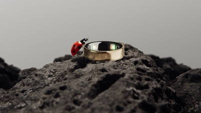 Một mẫu nhẫn thông minh Oura Ring 5 đặt cạnh một con bọ rùa
